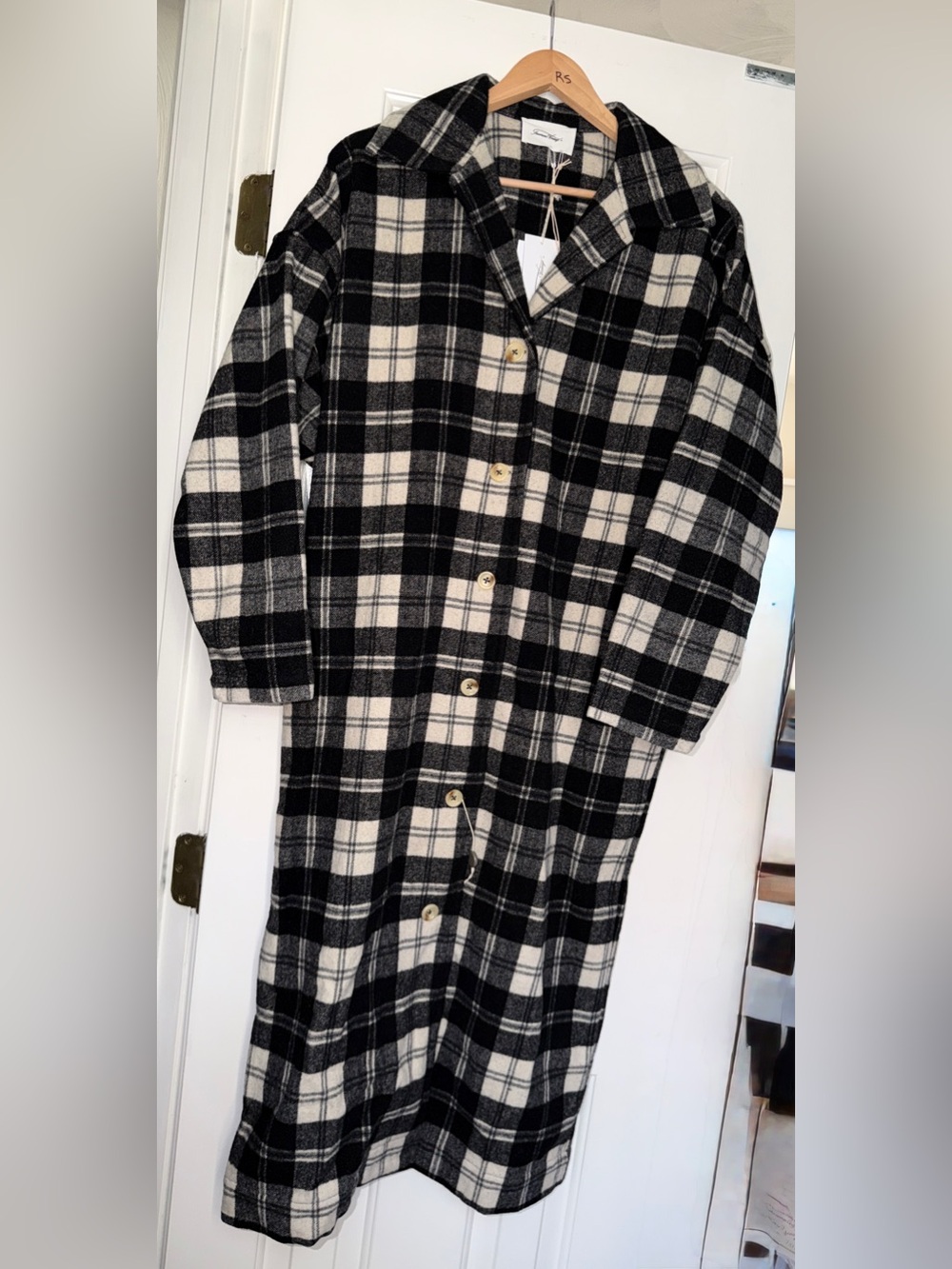 American Vintage Black and Cream Plaid Wool Blend Coat. S